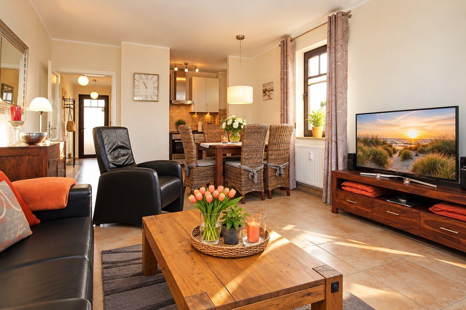 Wohn- und Essbereich mit Fernseher, Esstisch und Sofa. Küche im Hintergrund.