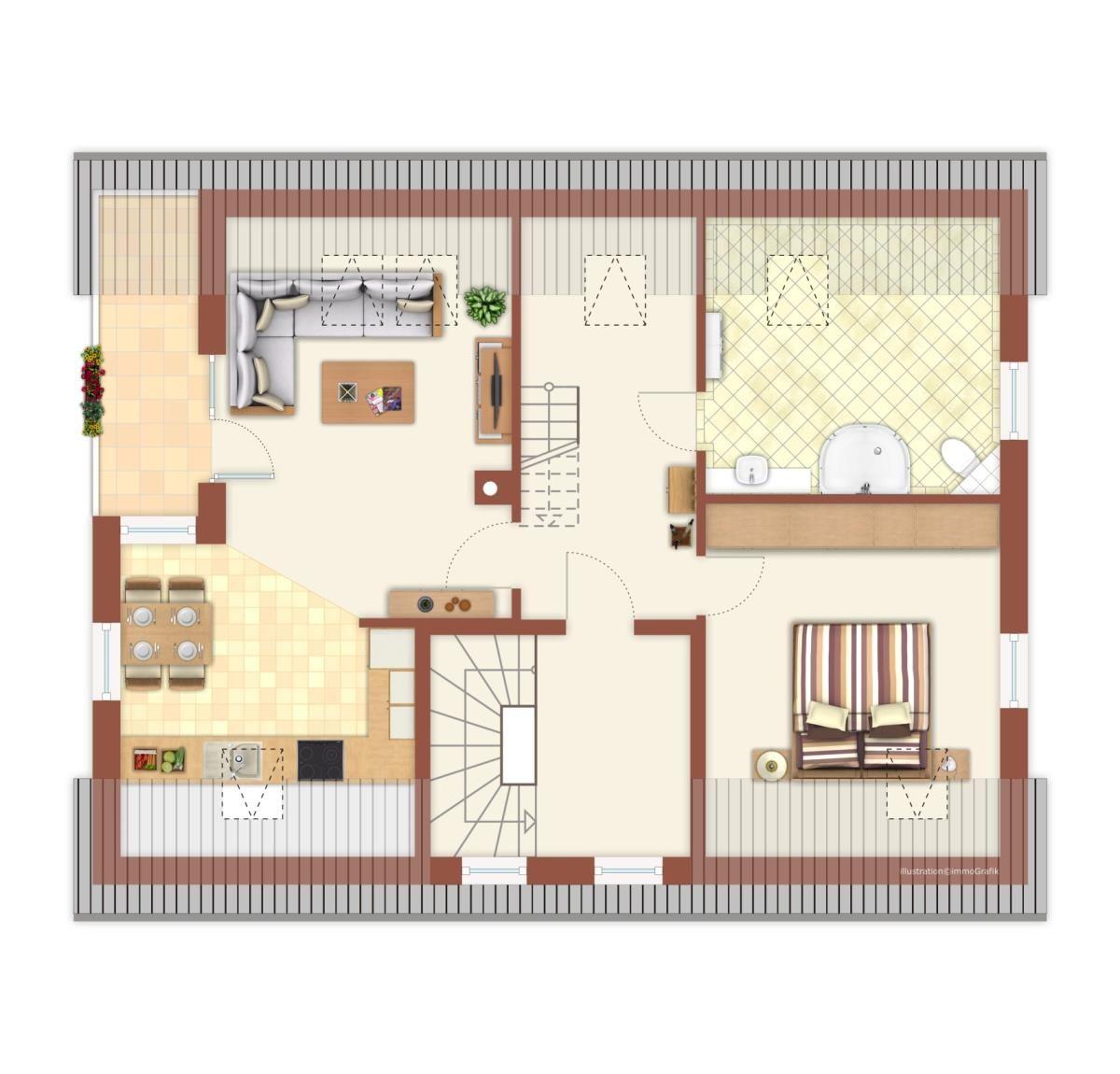 Wohnzimmer mit Sofa, Couchtisch und TV. Zwei Dachfenster und Holzboden.