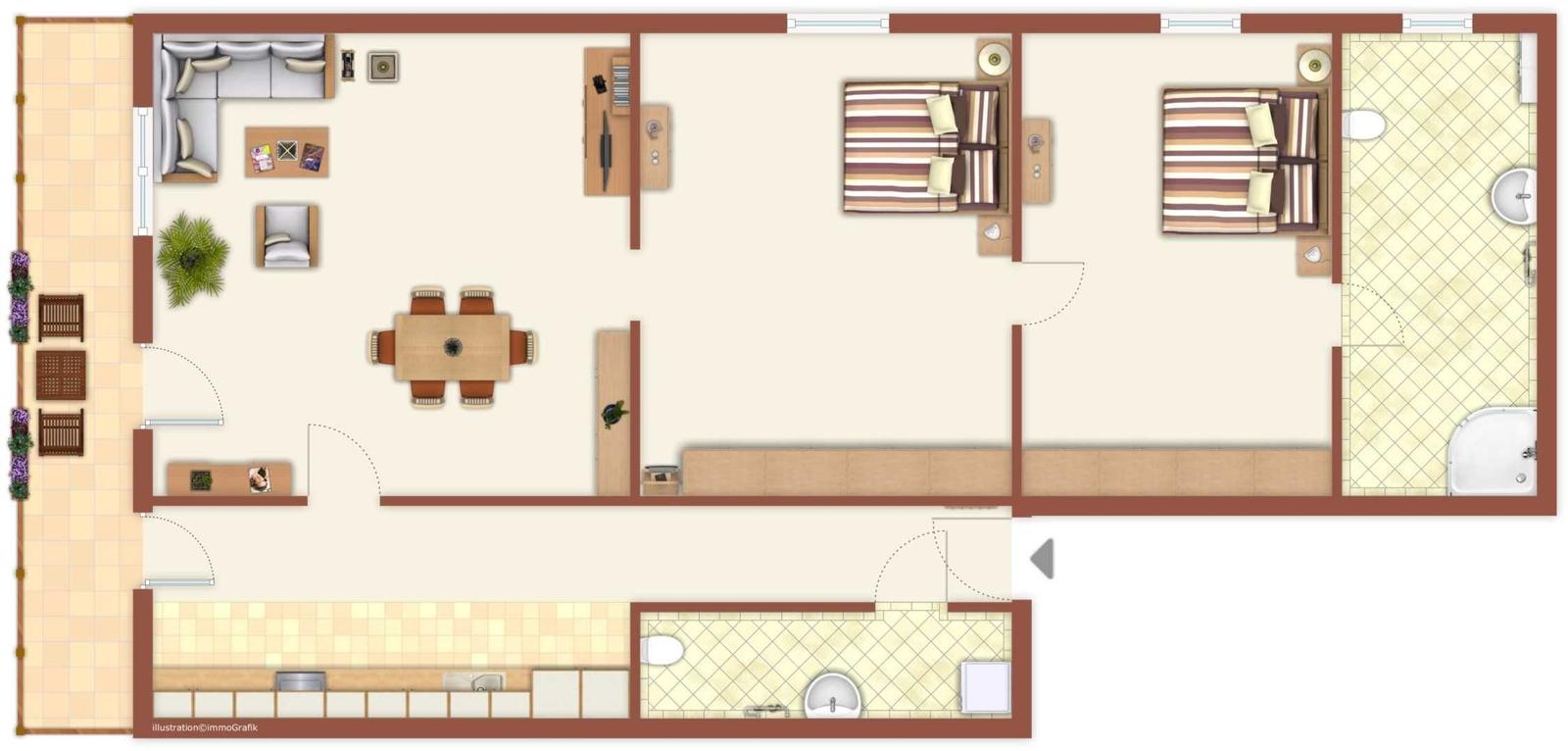 Wohn- und Essbereich mit Sofa, Esstisch und TV. Durchgang zur Schlafzimmer.