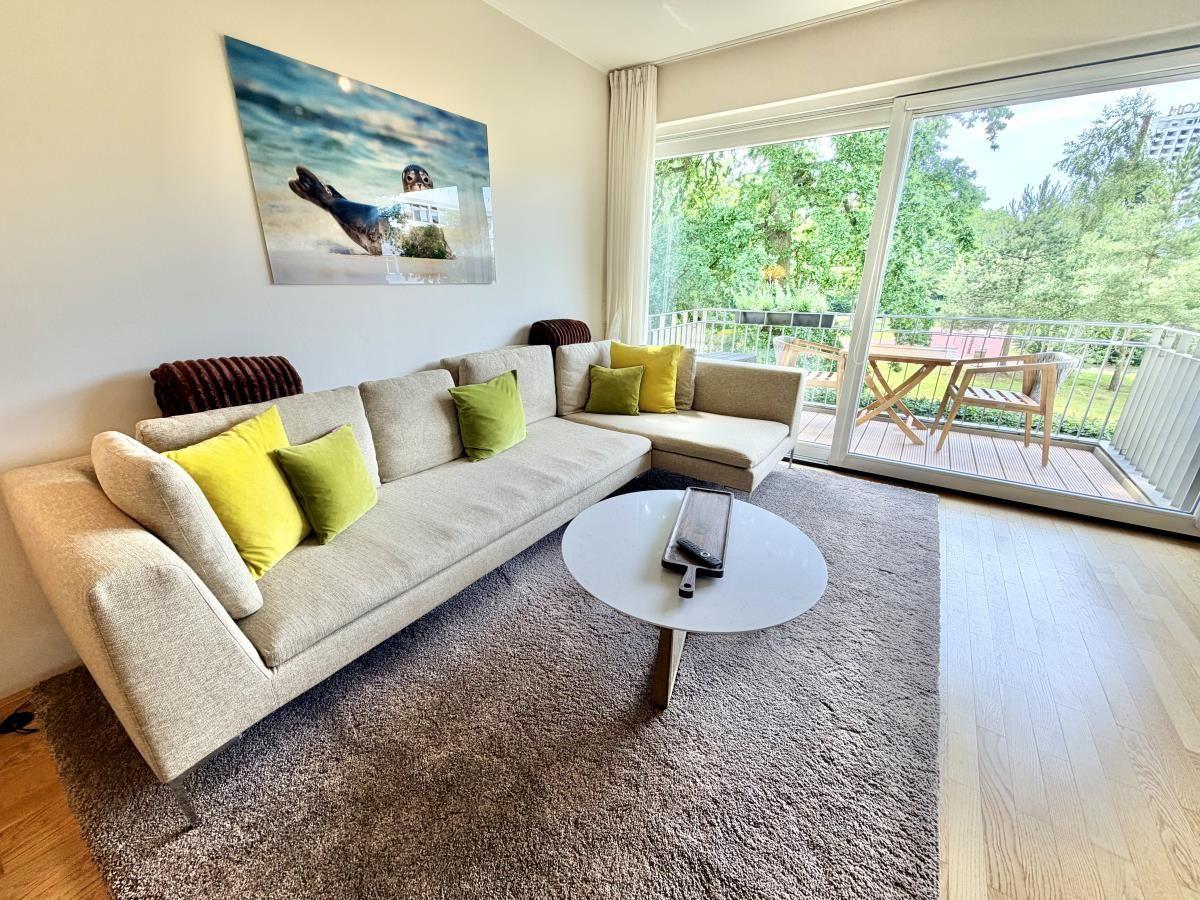 Wohnbereich mit Sofa, Esstisch und Balkon. Holzboden und große Pflanze.