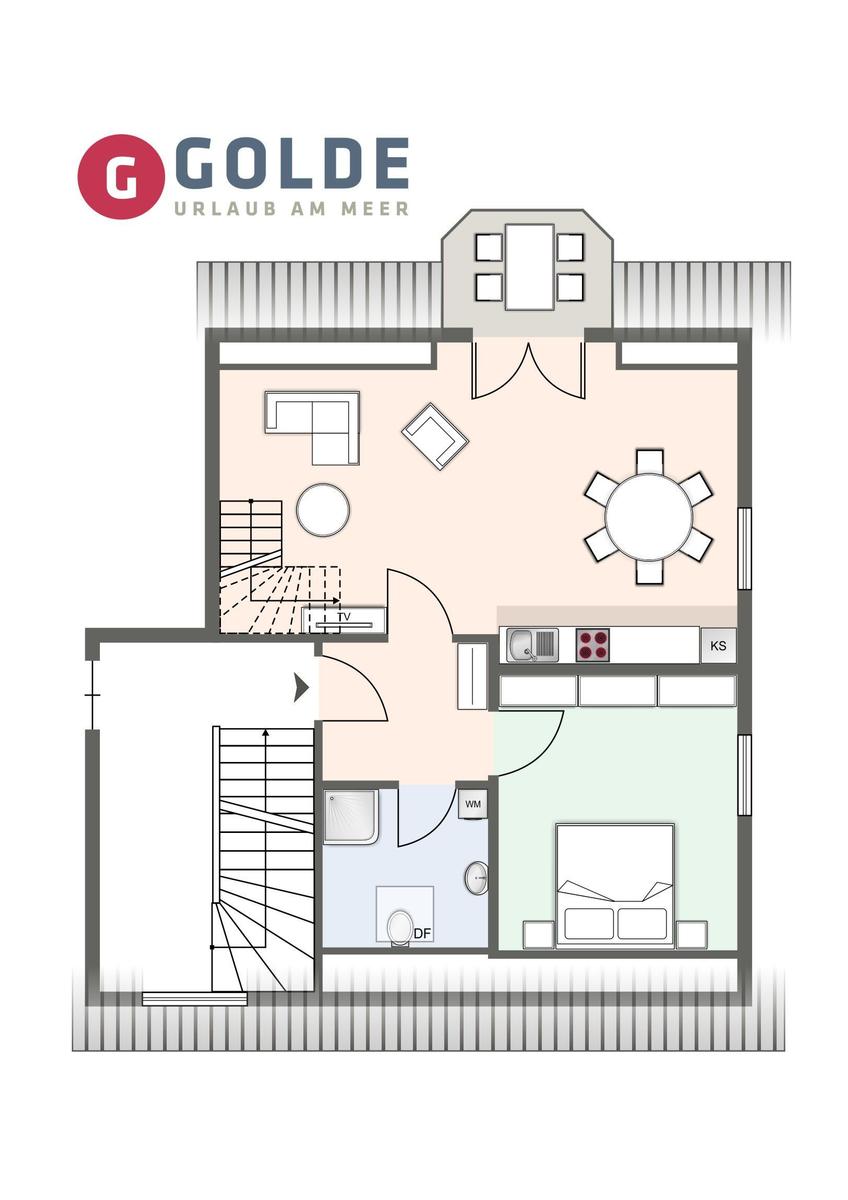 Gesamtplan einer Ferienwohnung mit Küche, Wohnzimmer, Schlafzimmer und Bad.
