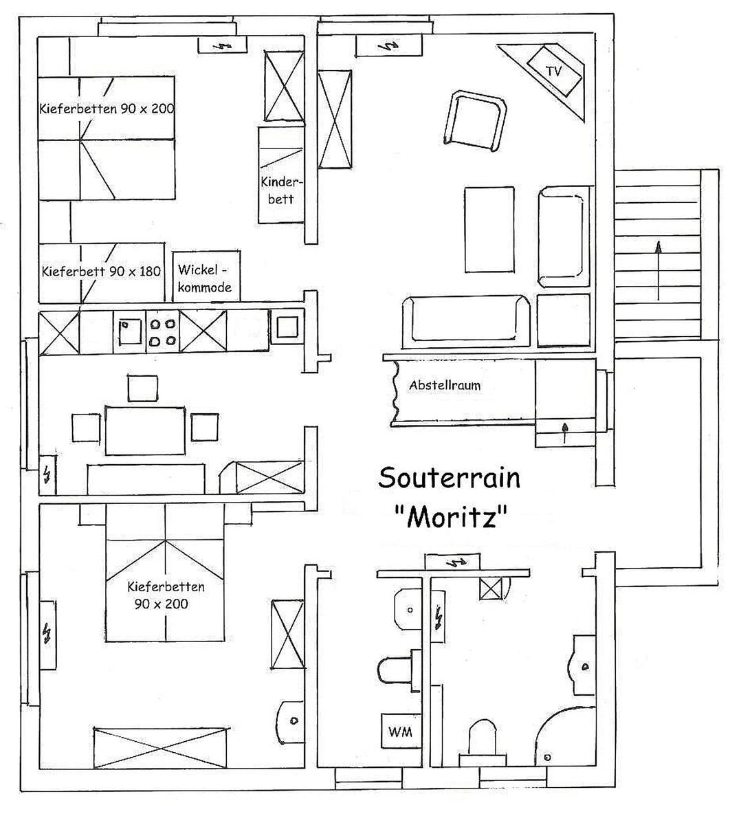 Souterrain Moritz mit Schlafzimmer, Wohnbereich, Küche und Bad.