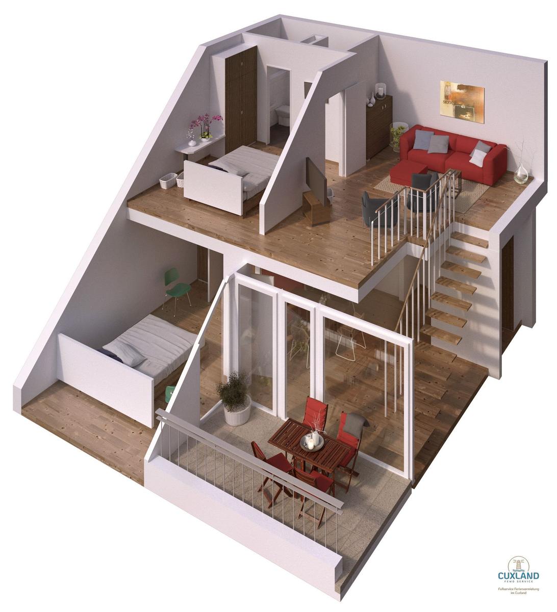 Mehrfamilienhaus mit Balkonen und rotem Dach