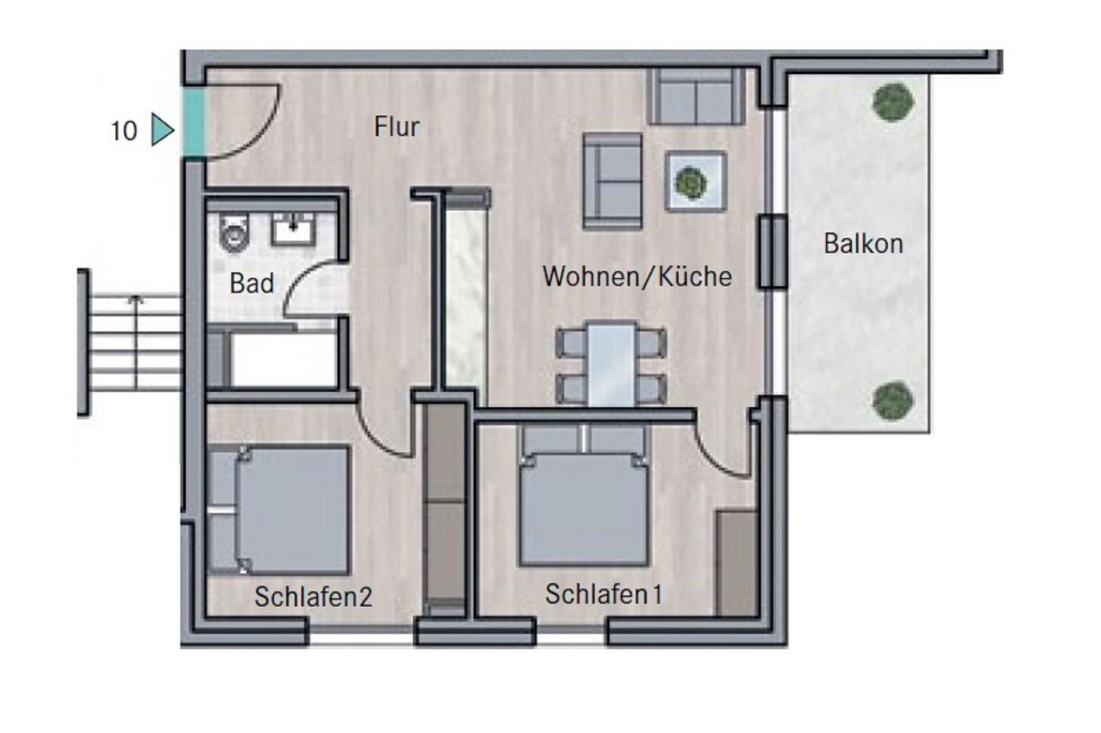Modernes Haus mit Balkon und Garten. Blumen und Grünflächen umgeben das Gebäude.