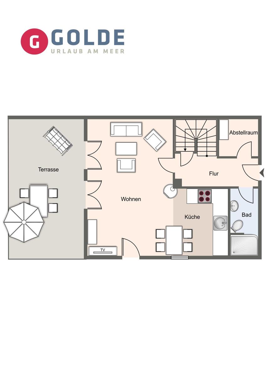 Wohnung mit Küche, Bad, Terrasse und Aufgang.
