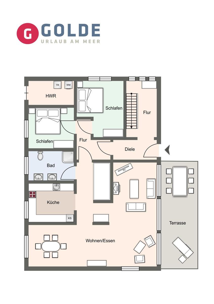 Dieses Stockwerk zeigt Schlafzimmer, Bad und Privatbereich mit Flur und Treppe.