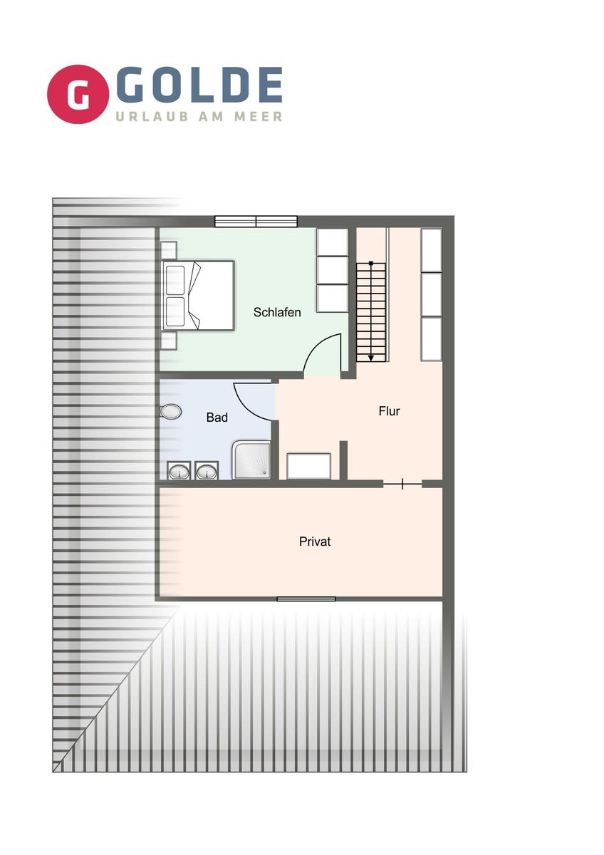 Schlafzimmer mit Doppelbett, Holzboden und blauen Wänden. Fenster mit Vorhängen und Nachbarhäuser im Blick.