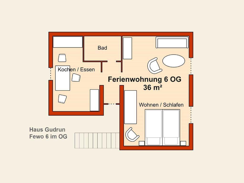 Lageplan mit Ferienwohnungen, Villa und Parkplätzen. Entfernung zum Ortskern und Strand angegeben.