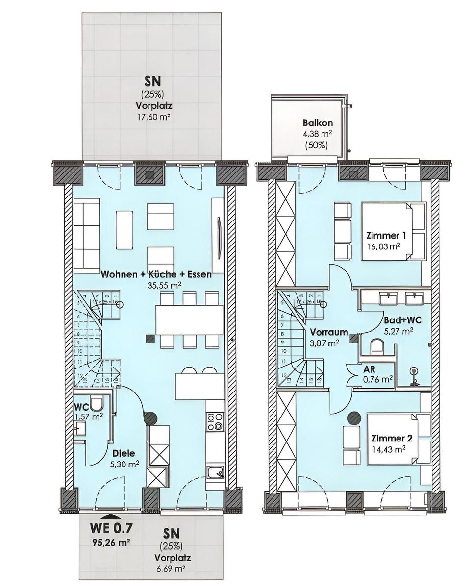 Wohnung mit zwei Schlafzimmern, Küche, Bad und Balkon. Flächenangaben sind eingezeichnet.