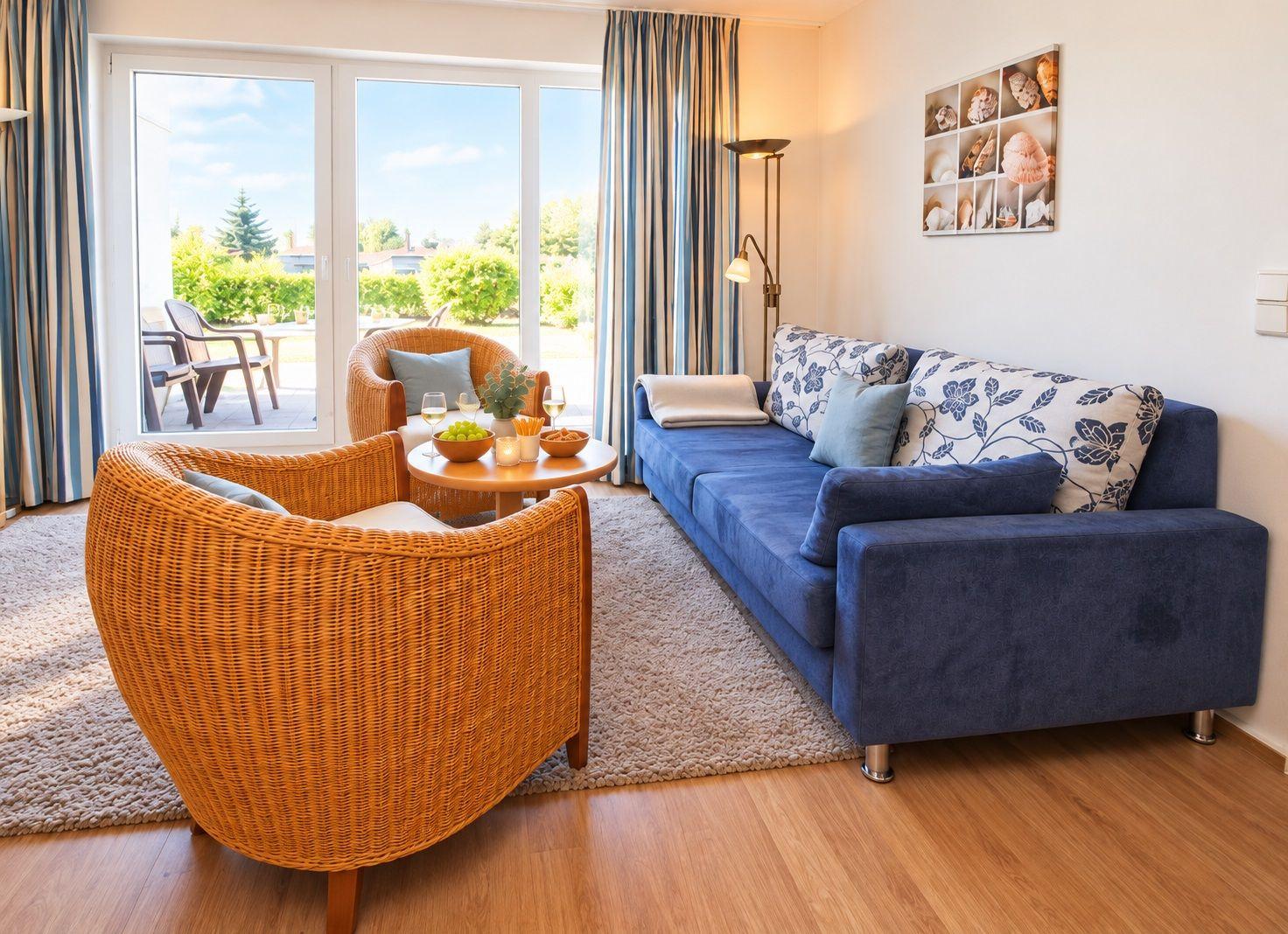 Ein Wohnzimmer mit blauem Sofa, zwei Rattan-Stühlen und einem runden Tisch.