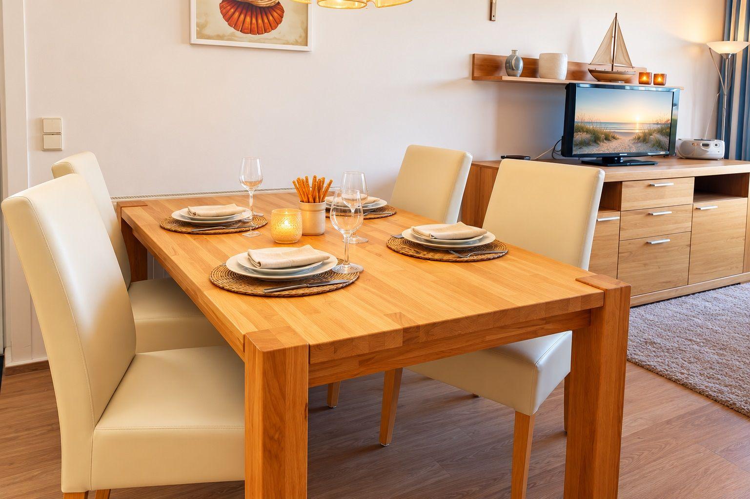 Holztisch mit vier Stühlen, Teller und Tassen. Fernseher und Schrank im Hintergrund.