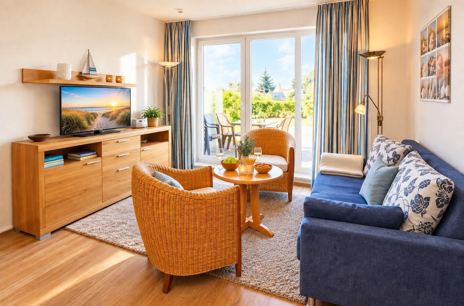 Wohnzimmer mit Sofa, zwei Sesseln, Fernseher und Balkonzugang.