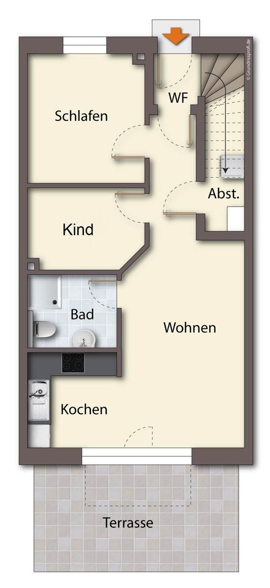 Wohnung mit Schlafzimmer, Kinderzimmer, Bad, Wohn- und Kochbereich sowie Terrasse.