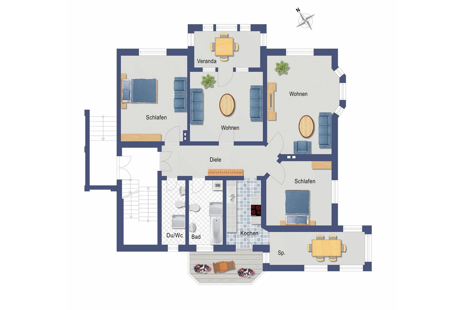 Dieses Haus hat zwei Schlafzimmer, zwei Wohnbereiche, eine Küche und eine Veranda.