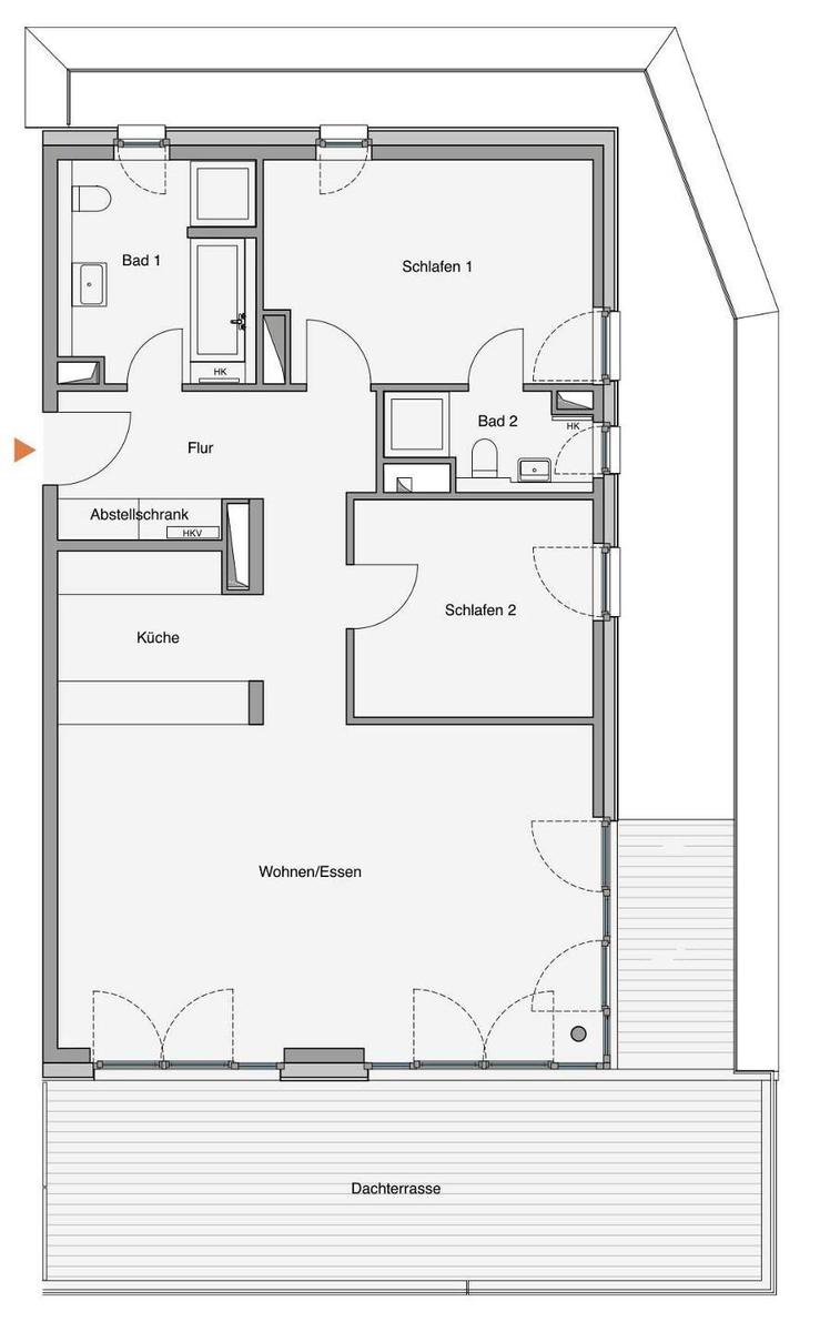 Wohnung mit zwei Schlafzimmern, Küche, Bad und Dachterrasse.
