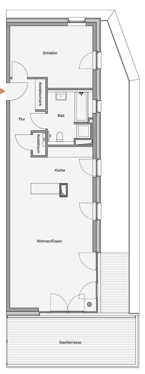 Apartment with bedroom, bathroom, kitchen, and rooftop terrace.