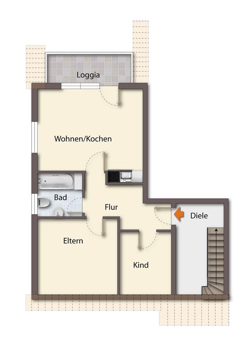 Wohnung mit Wohn-/Kochbereich, Bad, zwei Schlafzimmern und Loggia.