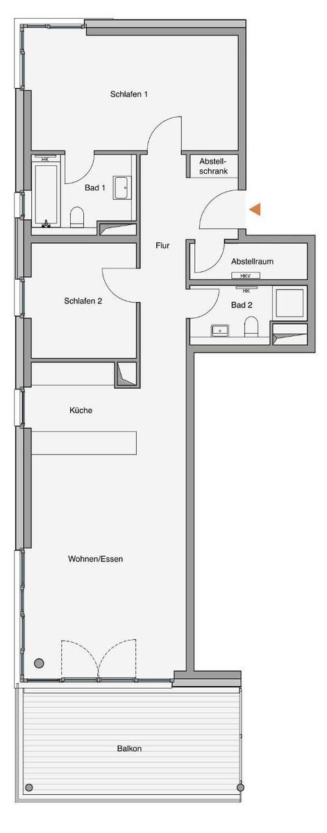 Dieses Apartment hat zwei Schlafzimmer, zwei Bäder, Küche und Wohnbereich mit Balkon.
