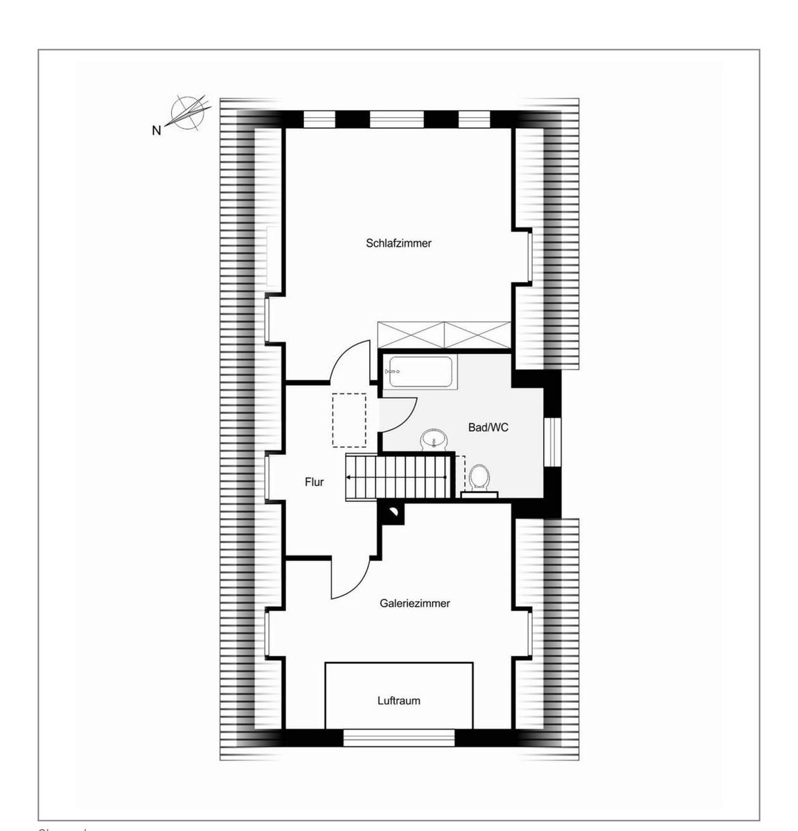 Schlafzimmer, Bad/WC, Flur, Galeriezimmer und Luftraum im Grundriss.