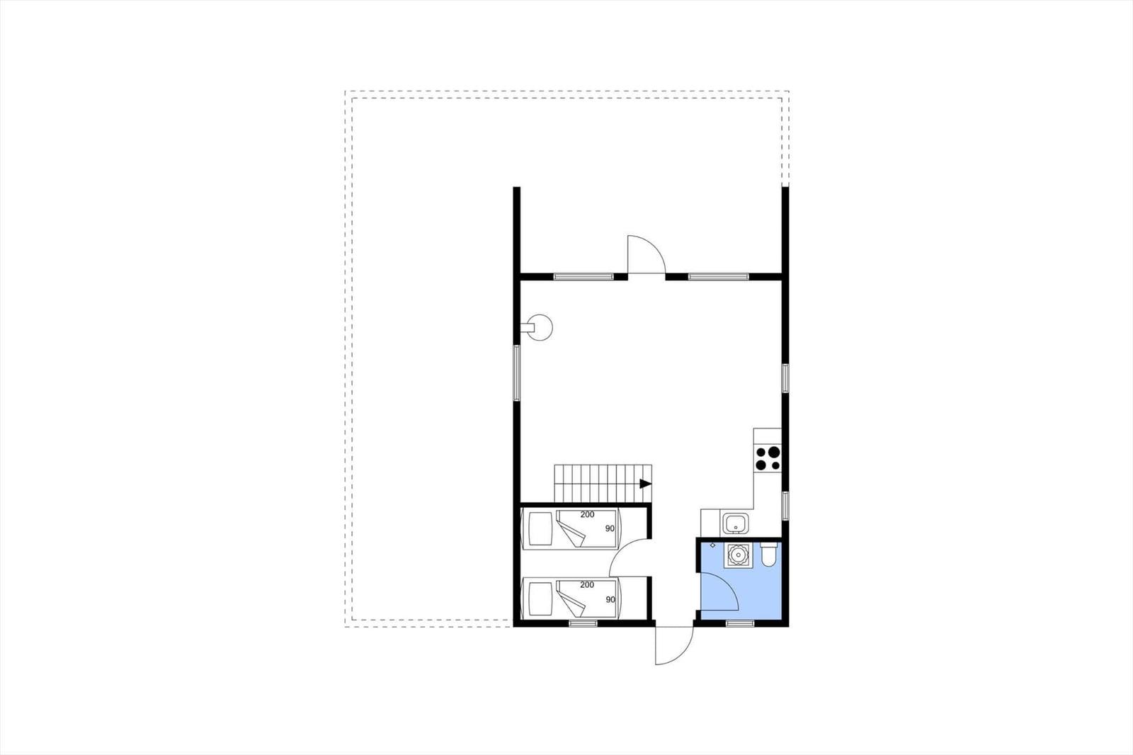 Erdgeschoss mit drei Schlafzimmern und Treppe zur ersten Etage.