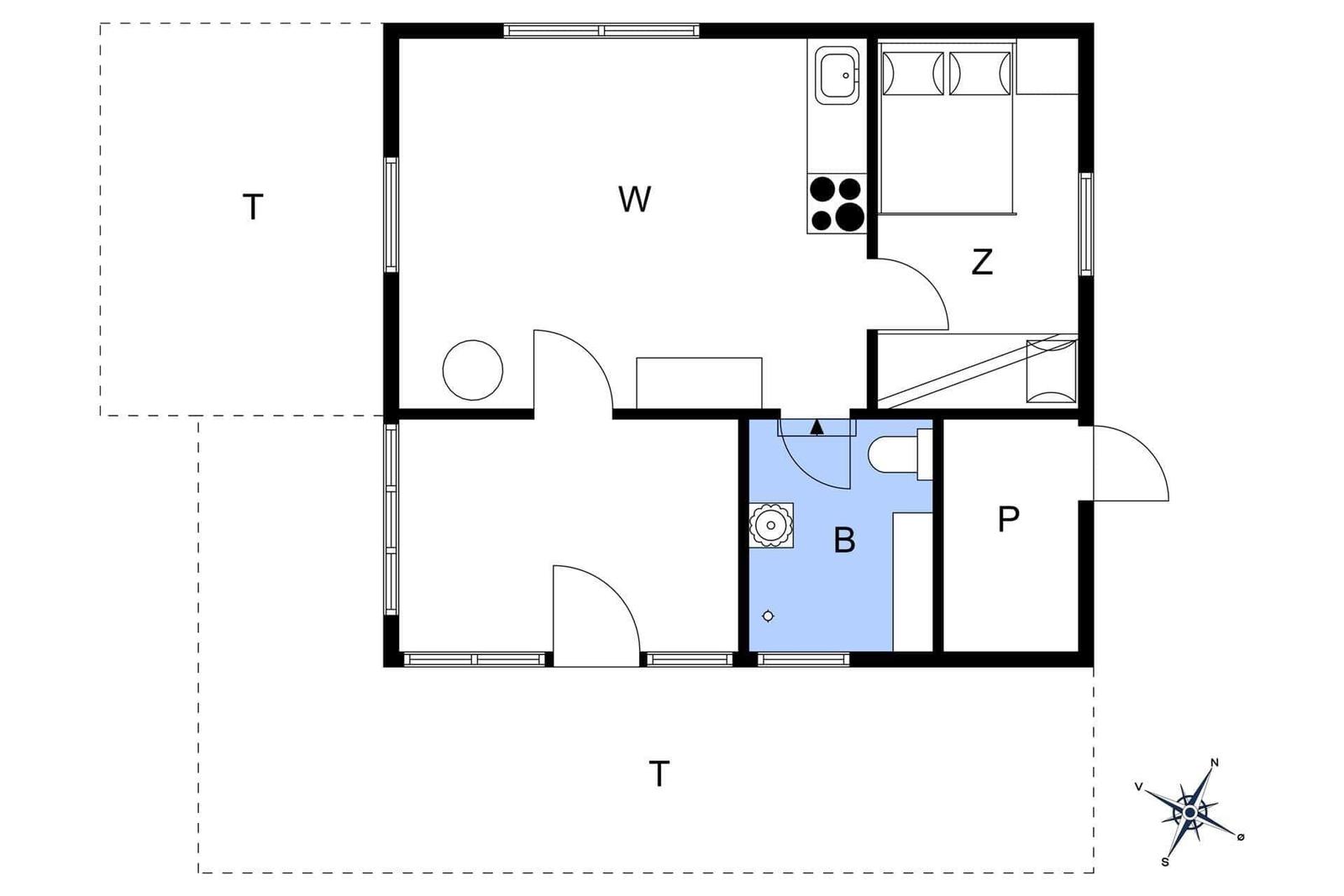 Wohnung mit Küche, Schlafzimmer, Bad und Terrasse.