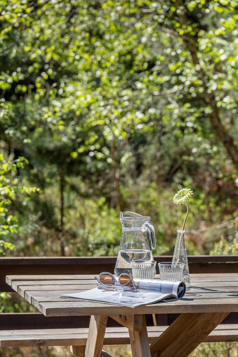 Terrasse mit Liegestühlen und Tisch mit Wasserglas und Blume.
