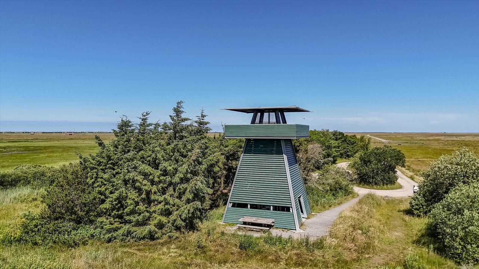 Grüner Turm in einer grünen Landschaft mit Blick auf die Ferne.