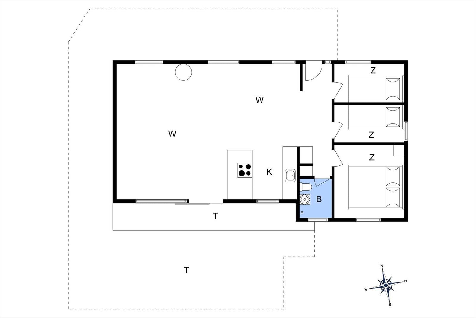 Wohnung mit drei Schlafzimmern, Küche und Bad. Großer Wohnbereich mit Terrasse.