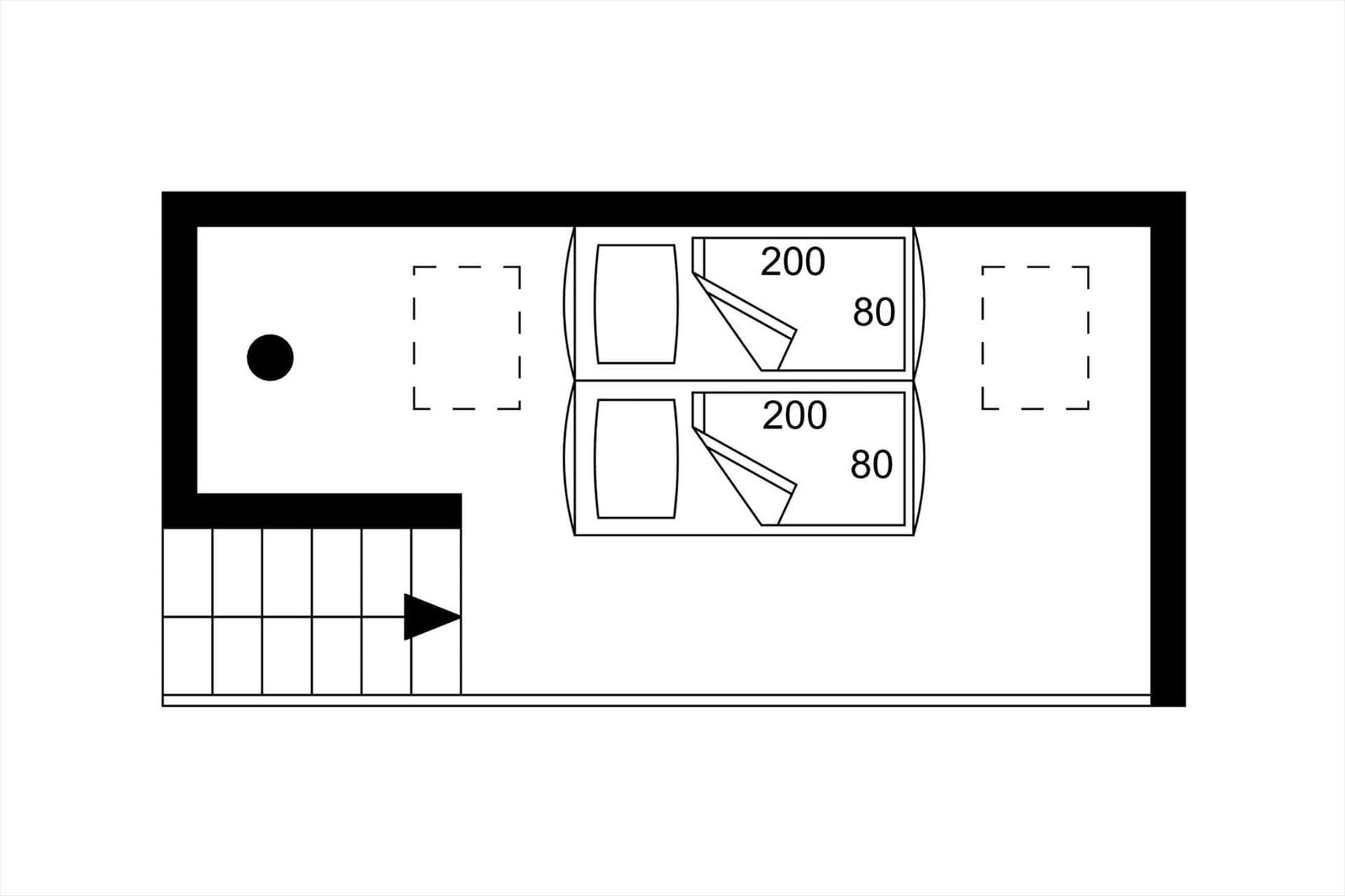 Zwei Schlafzimmer mit jeweils 200 und 80 cm Maßangaben, Eingangsbereich mit Treppe und markierter Tür.