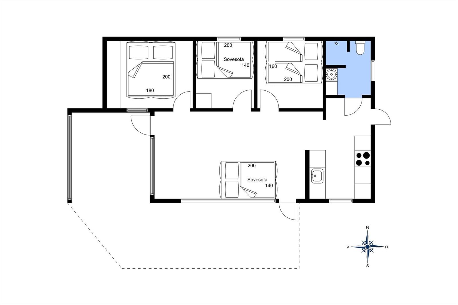 Wohnung mit Schlafzimmer, Wohnbereich und Küche. Dusche und Bad sind vorhanden.