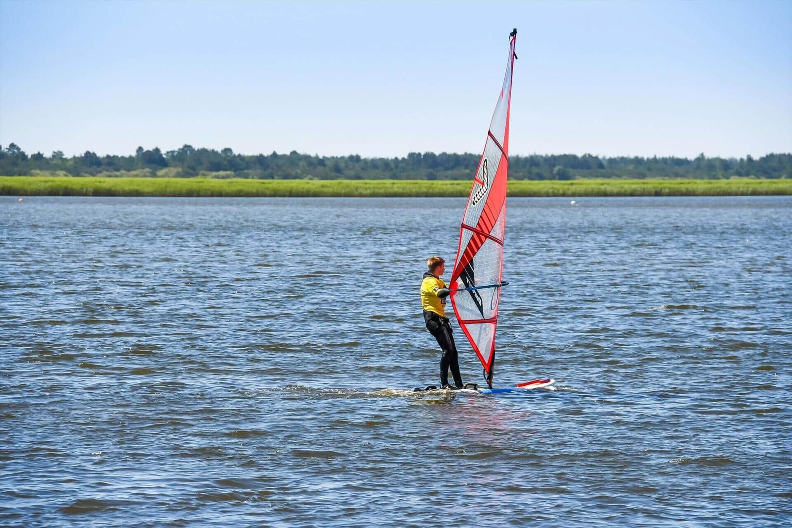 Ein Windsurfer segelt auf einem ruhigen See mit grüner Ufervegetation im Hintergrund.
