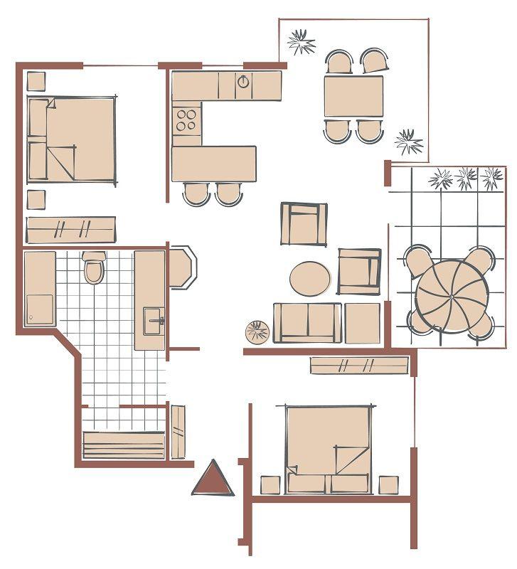 Meerfront-Apartments mit roten Dächern und Balkonen