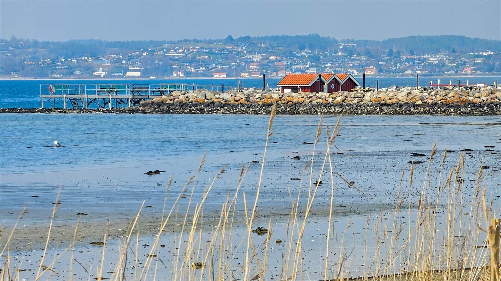Rotes Bootshaus am Steg mit Blick auf Wasser und Ferienhaus im Hintergrund.
