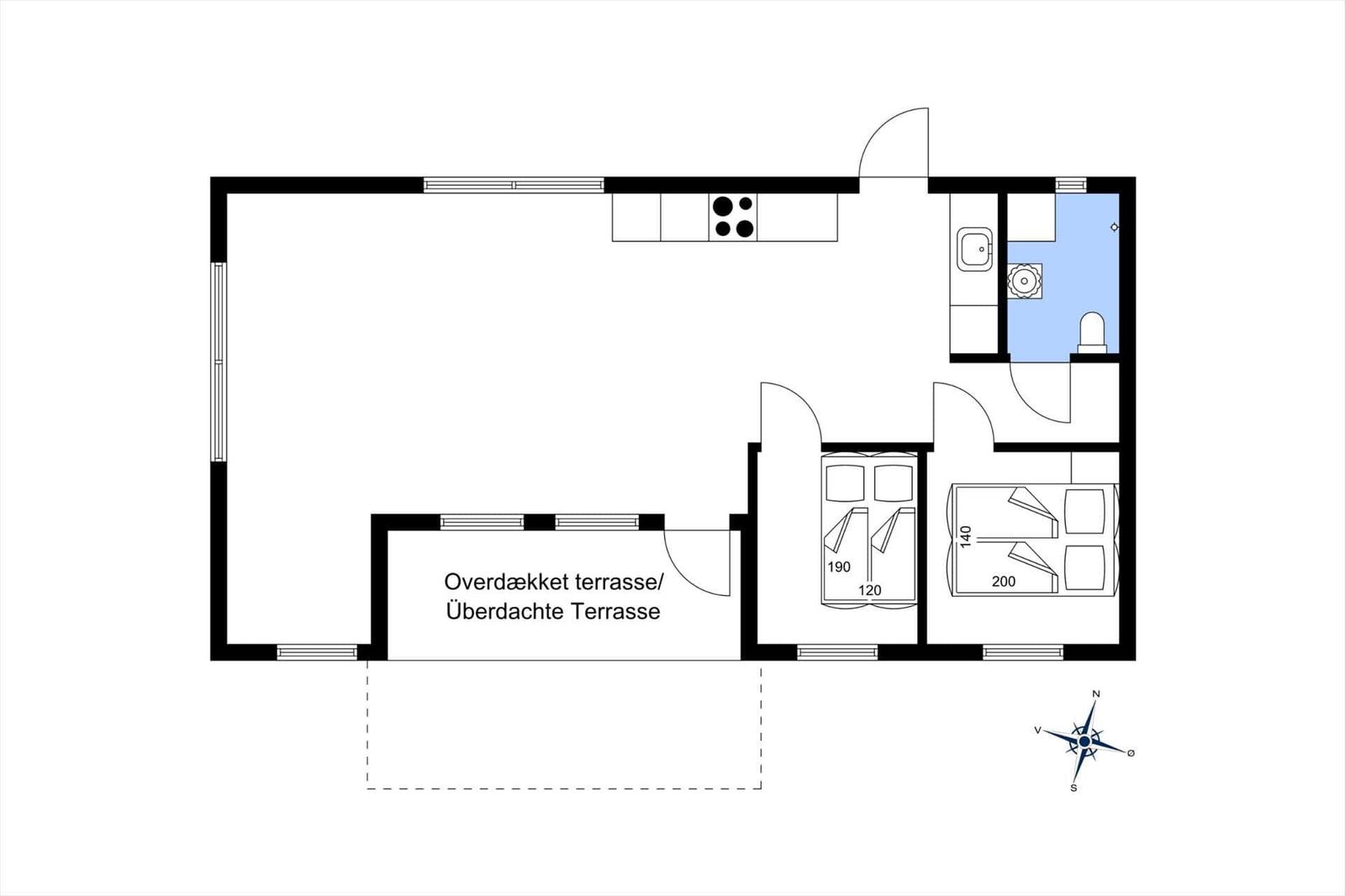 Funktionaler Grundriss mit Schlafzimmer, Bad und Küche. Norden ist oben.