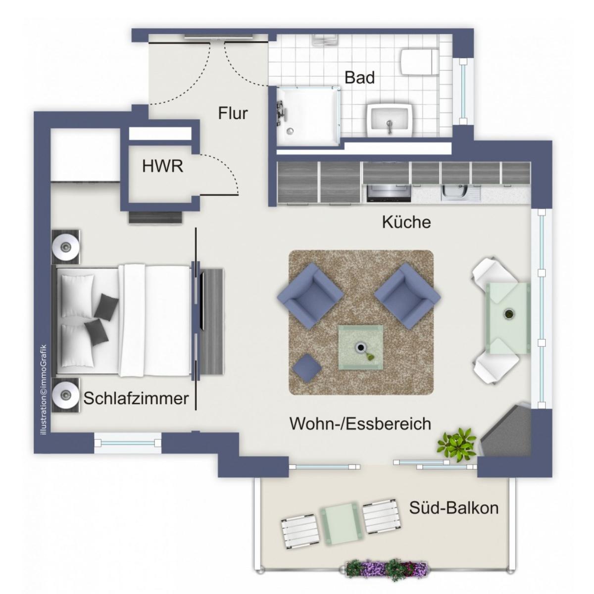 Wohnung mit Schlafzimmer, Küche, Bad und Süd-Balkon. Wohn- und Essbereich mit Sitzgelegenheiten.