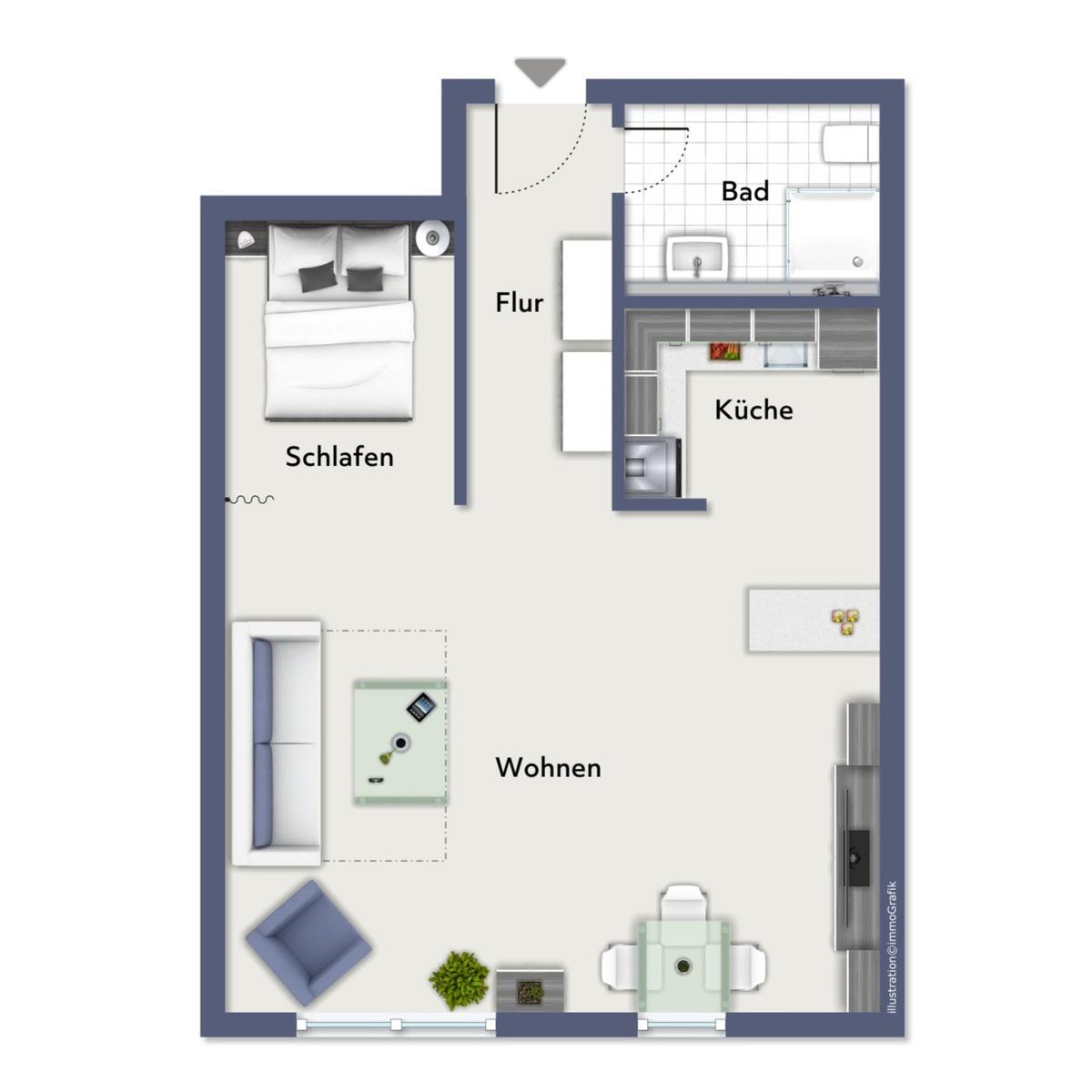 Wohnung mit Schlafzimmer, Küche, Bad und Wohnbereich. Flur und moderne Einrichtung.