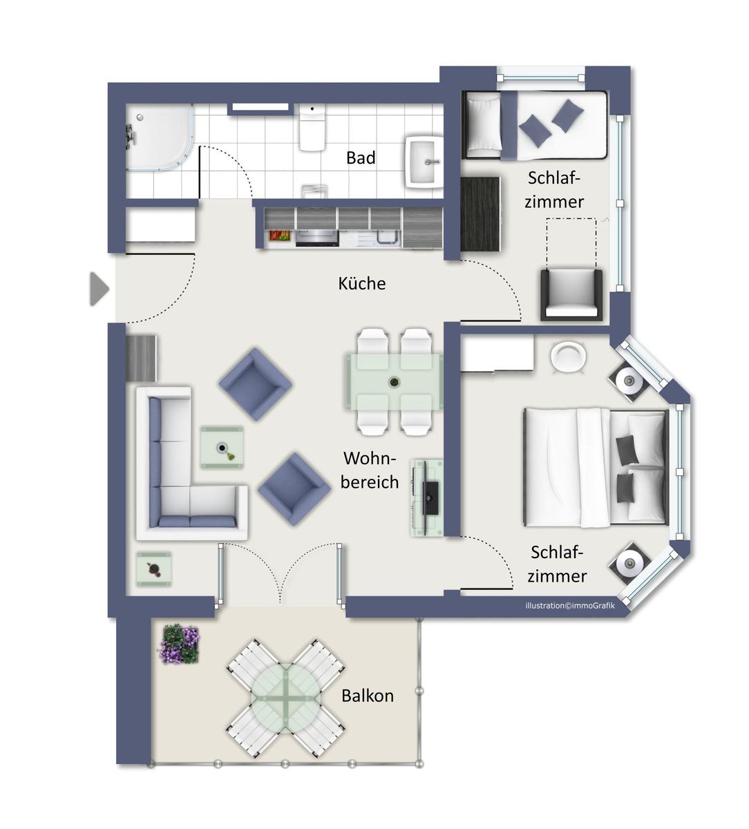 Wohnung mit zwei Schlafzimmern, Küche, Bad und Balkon.
