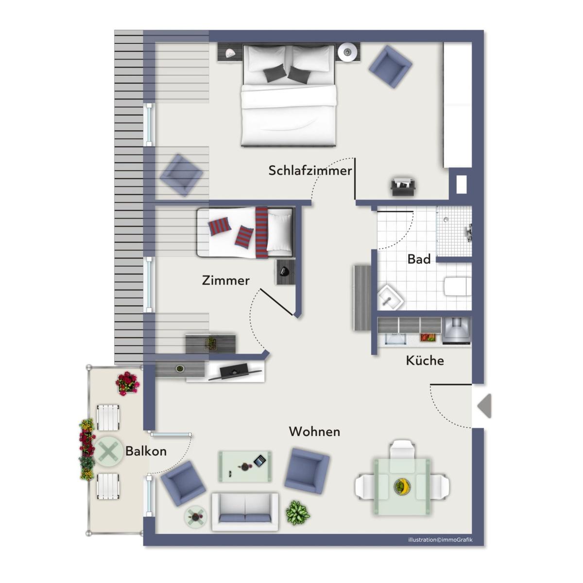 Wohnung mit Schlafzimmer, Zimmer, Küche, Bad und Balkon.