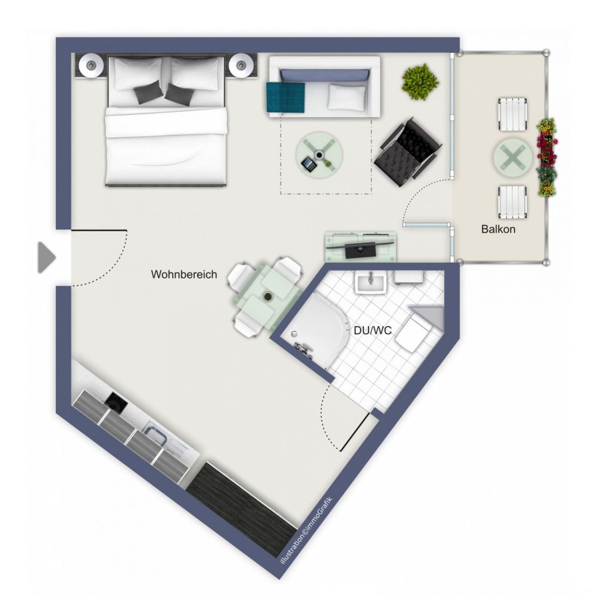 Wohnung mit Schlafzimmer, Wohnbereich, Küche und DU/WC. Balkon mit Sitzgelegenheit.