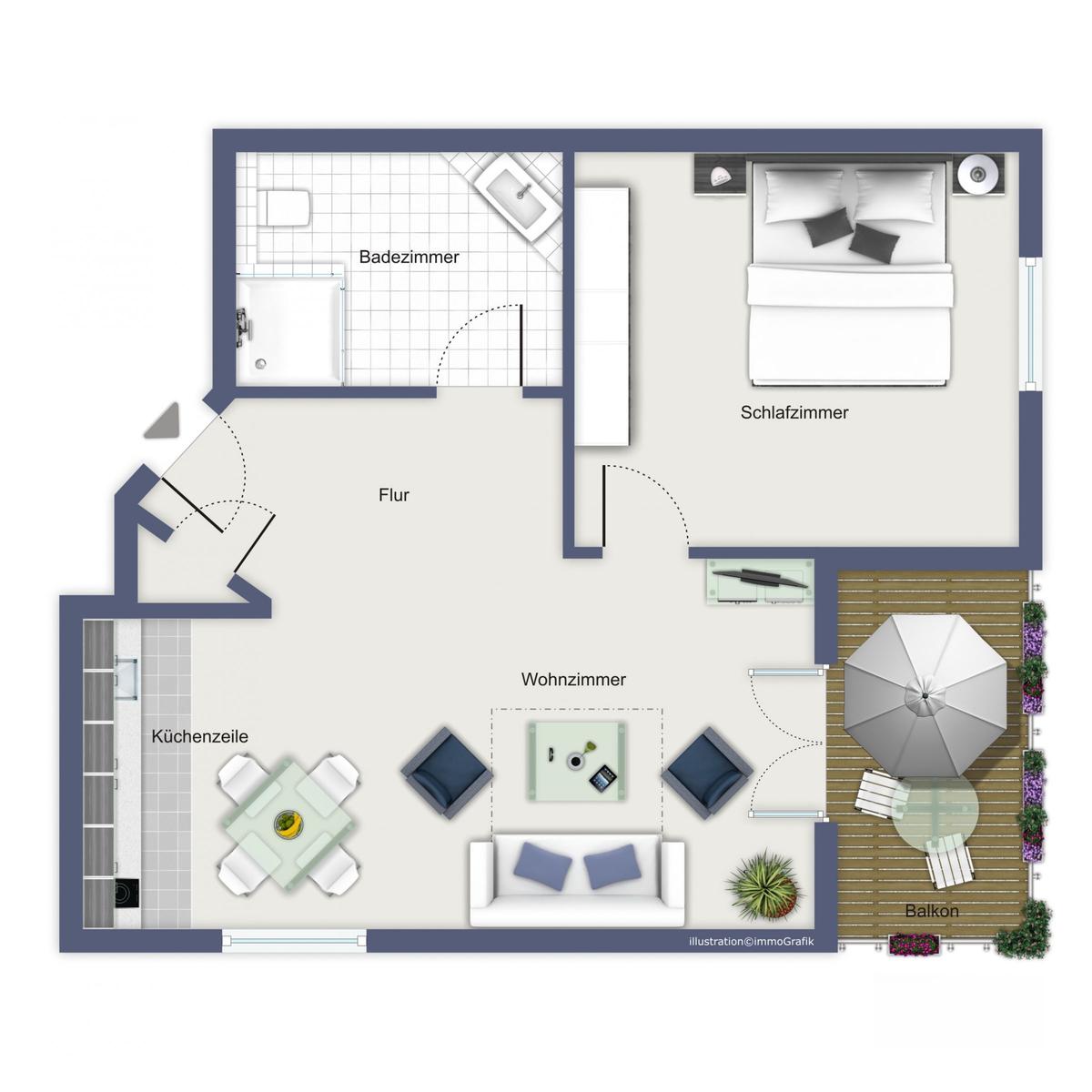 Wohnung mit Schlafzimmer, Badezimmer, Wohn- und Essbereich sowie Balkon.