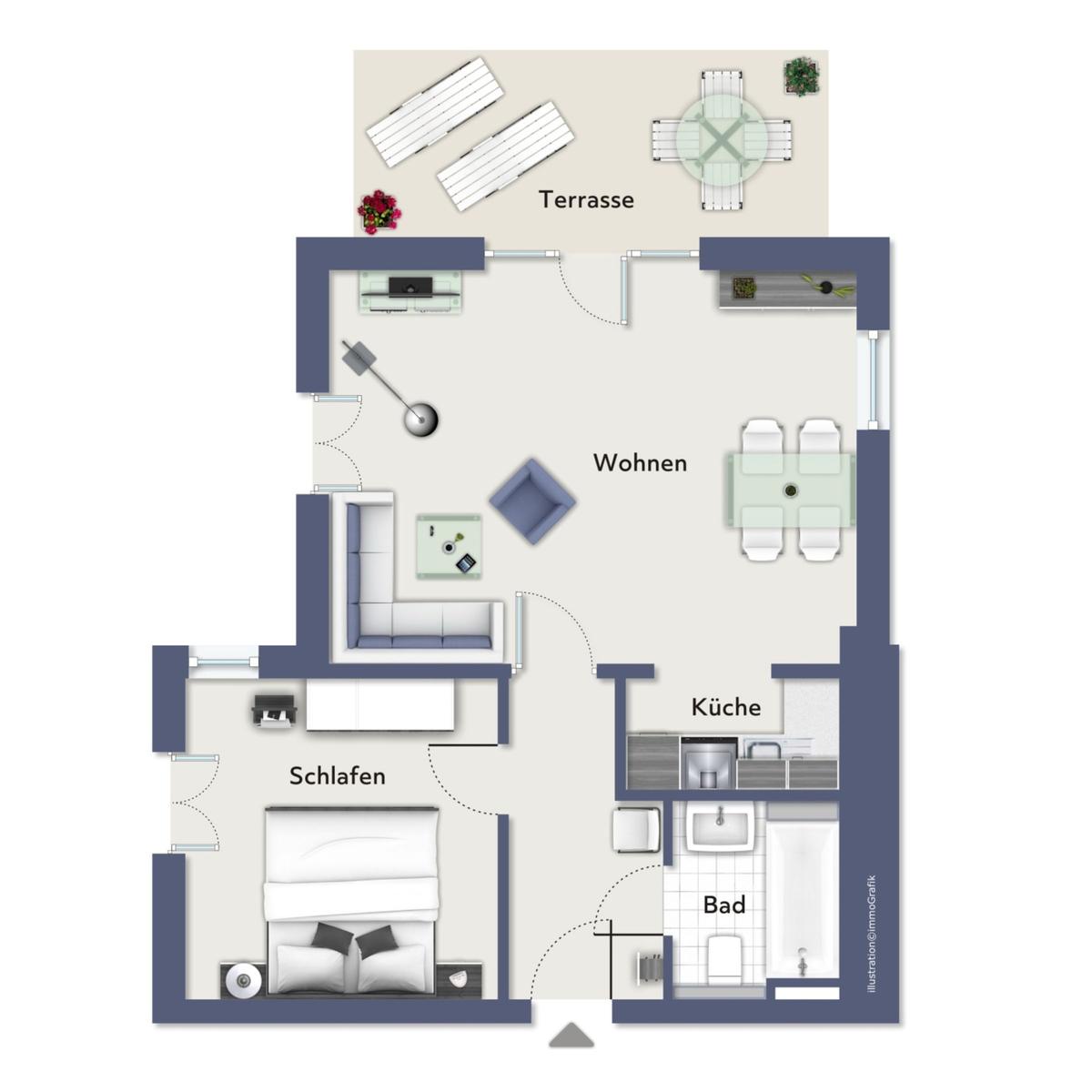 Wohnung mit Küche, Bad, Schlafzimmer und Terrasse mit Tisch und Liegestühlen.