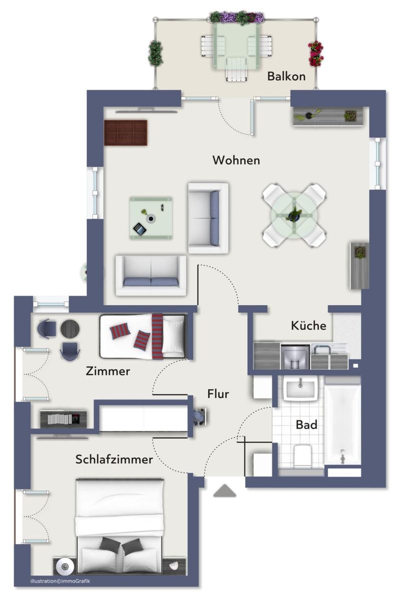 Wohnung mit Wohnbereich, Küche, Bad, Schlafzimmer und Zimmer. Balkon mit Tisch und Stühlen.