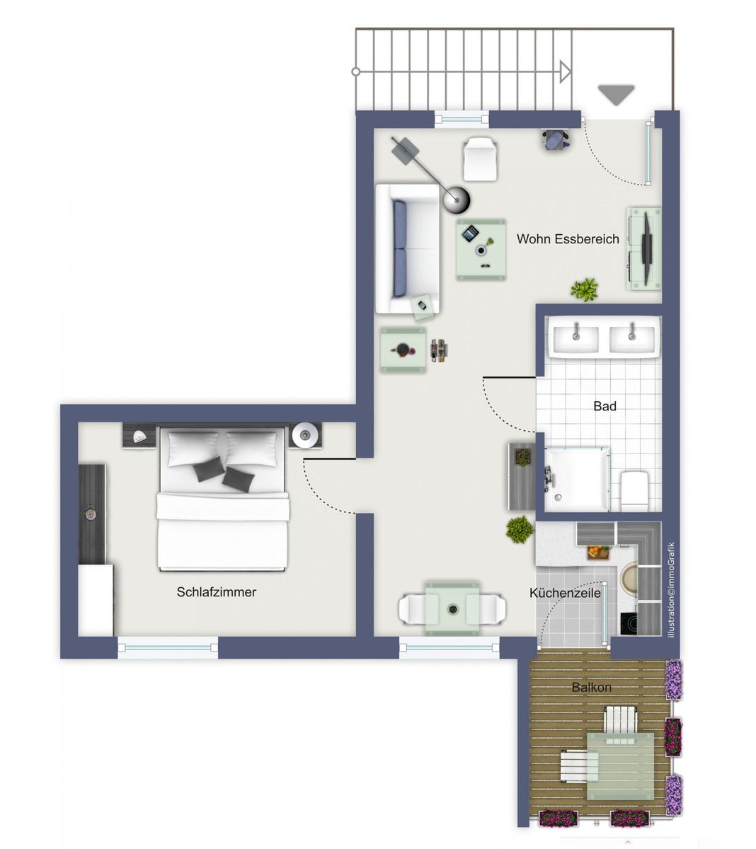 Wohnung mit Schlafzimmer, Wohnbereich, Bad und Balkon. Küche und Bad sind separat.