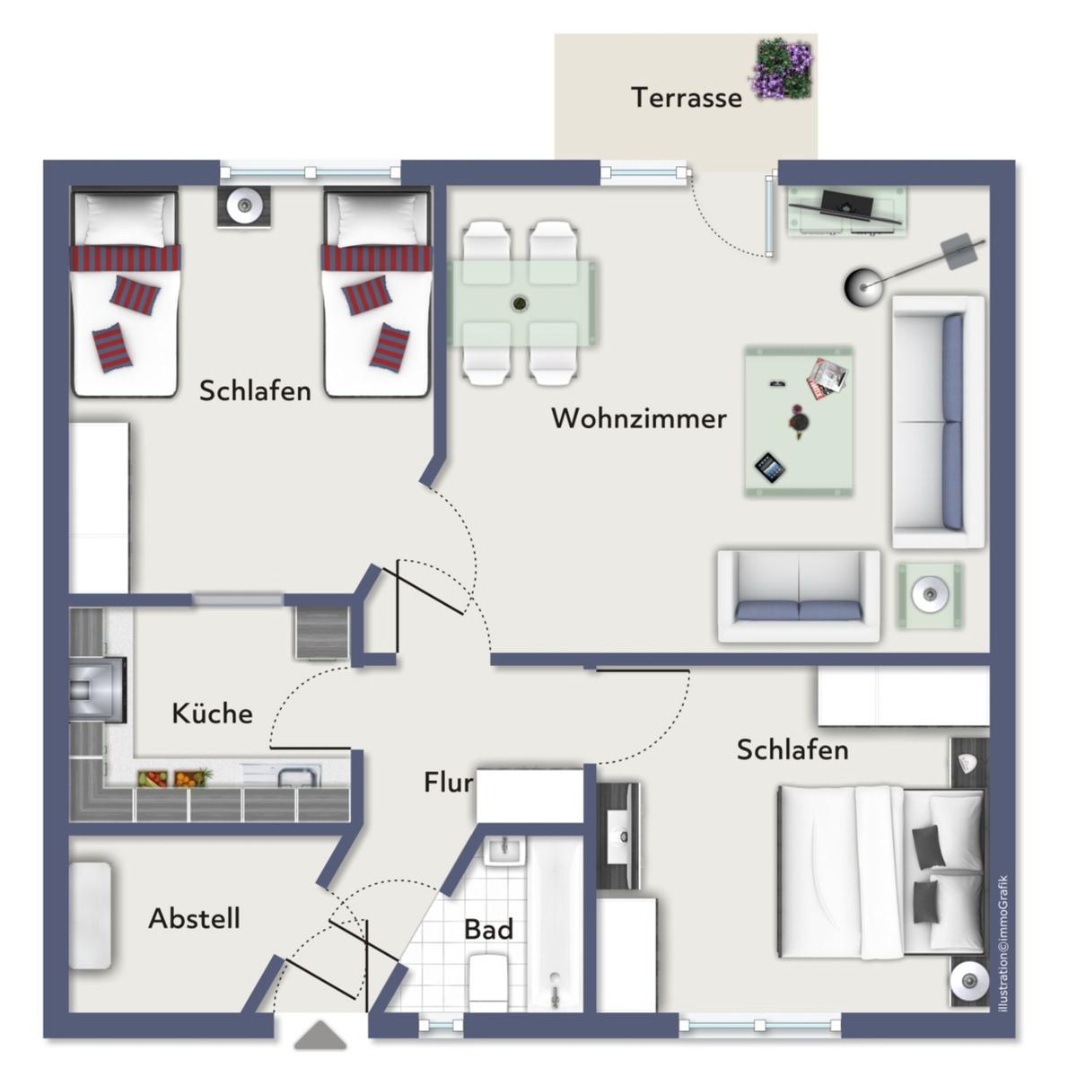 Zwei Schlafzimmer, Wohnzimmer, Küche, Bad und Terrasse mit Garten.