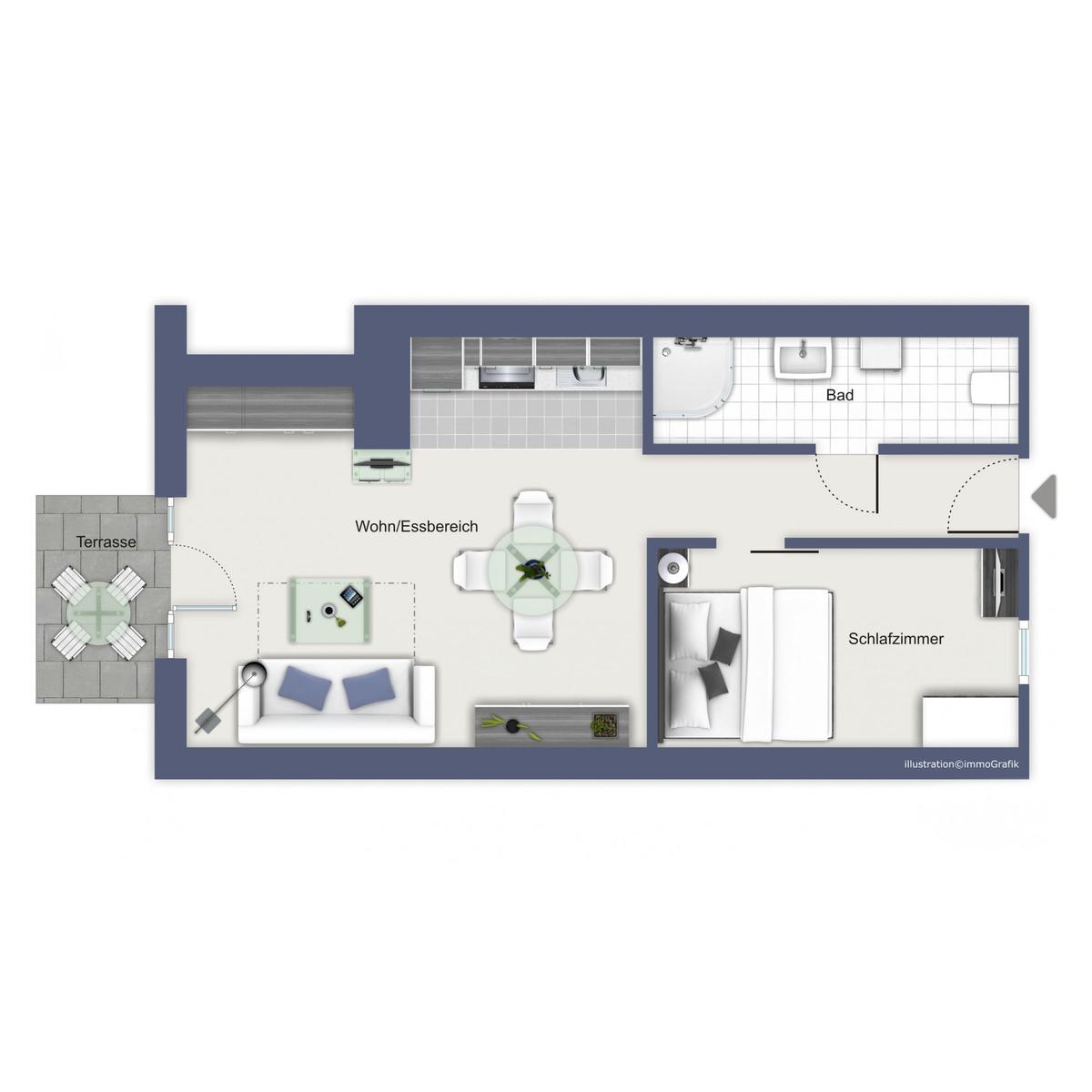 Wohnung mit Schlafzimmer, Bad, Küche und Terrasse. Wohn-/Essbereich mit Esstisch.