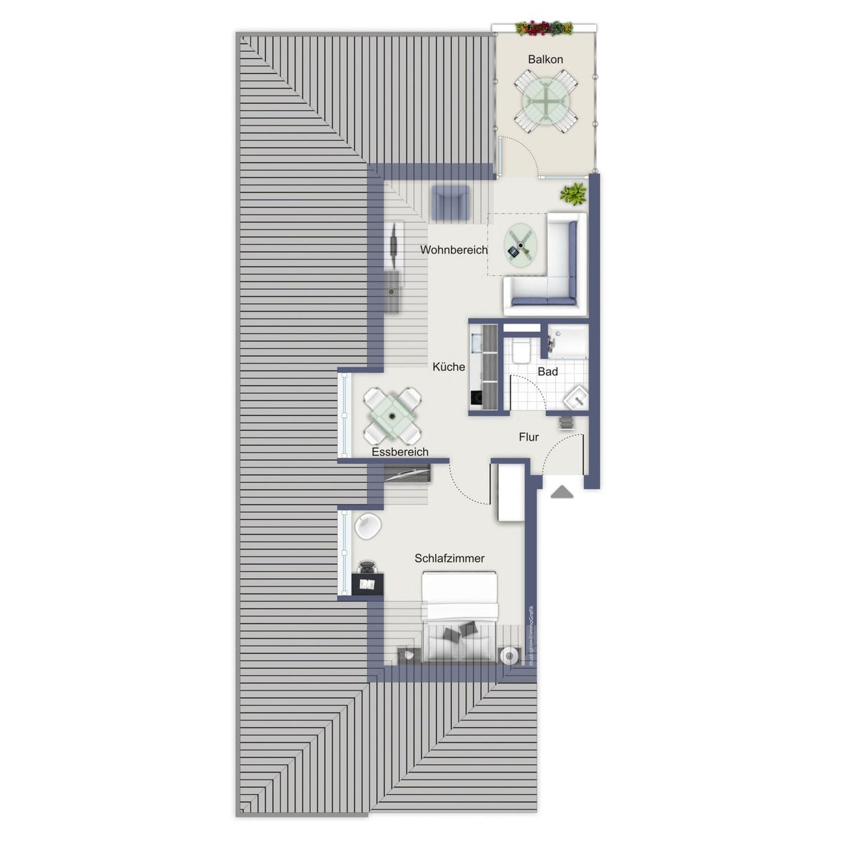 Wohnung mit Schlafzimmer, Küche, Bad, Wohn- und Essbereich sowie Balkon.