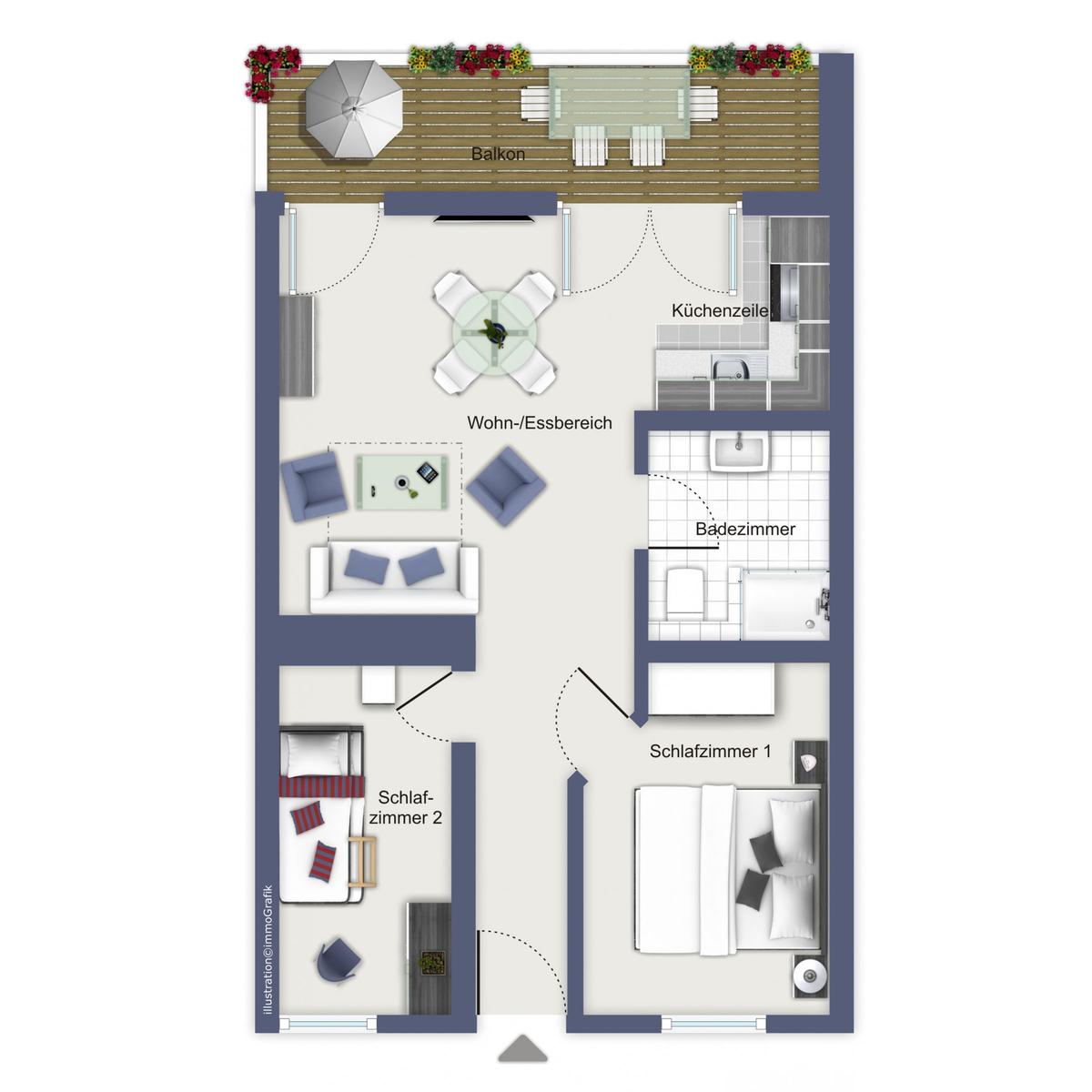 Wohnung mit Balkon, zwei Schlafzimmern, Küche und Bad
