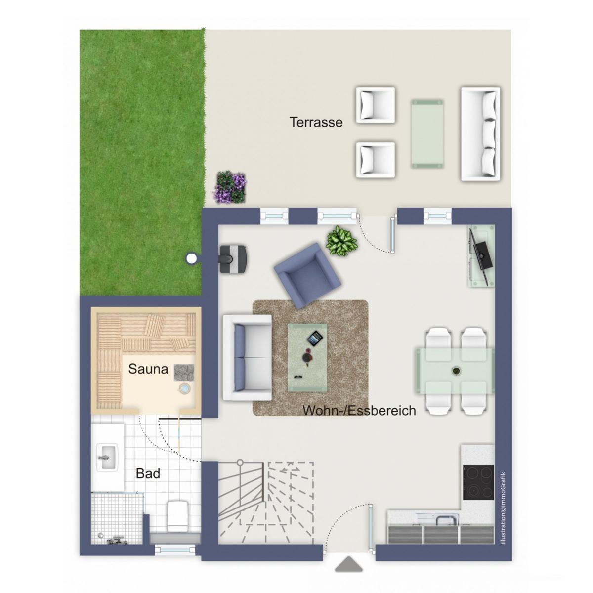 Wohnung mit Terrasse, Sauna, Bad und Wohn-Essbereich mit Küchenzeile.