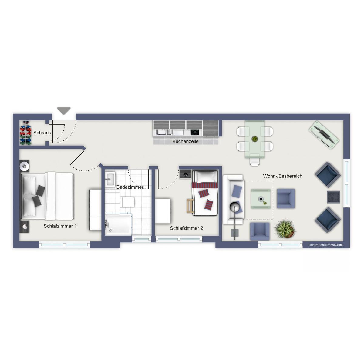 Zwei Schlafzimmer, Küche, Bad und Wohn-Essbereich mit Sofa und Tisch.