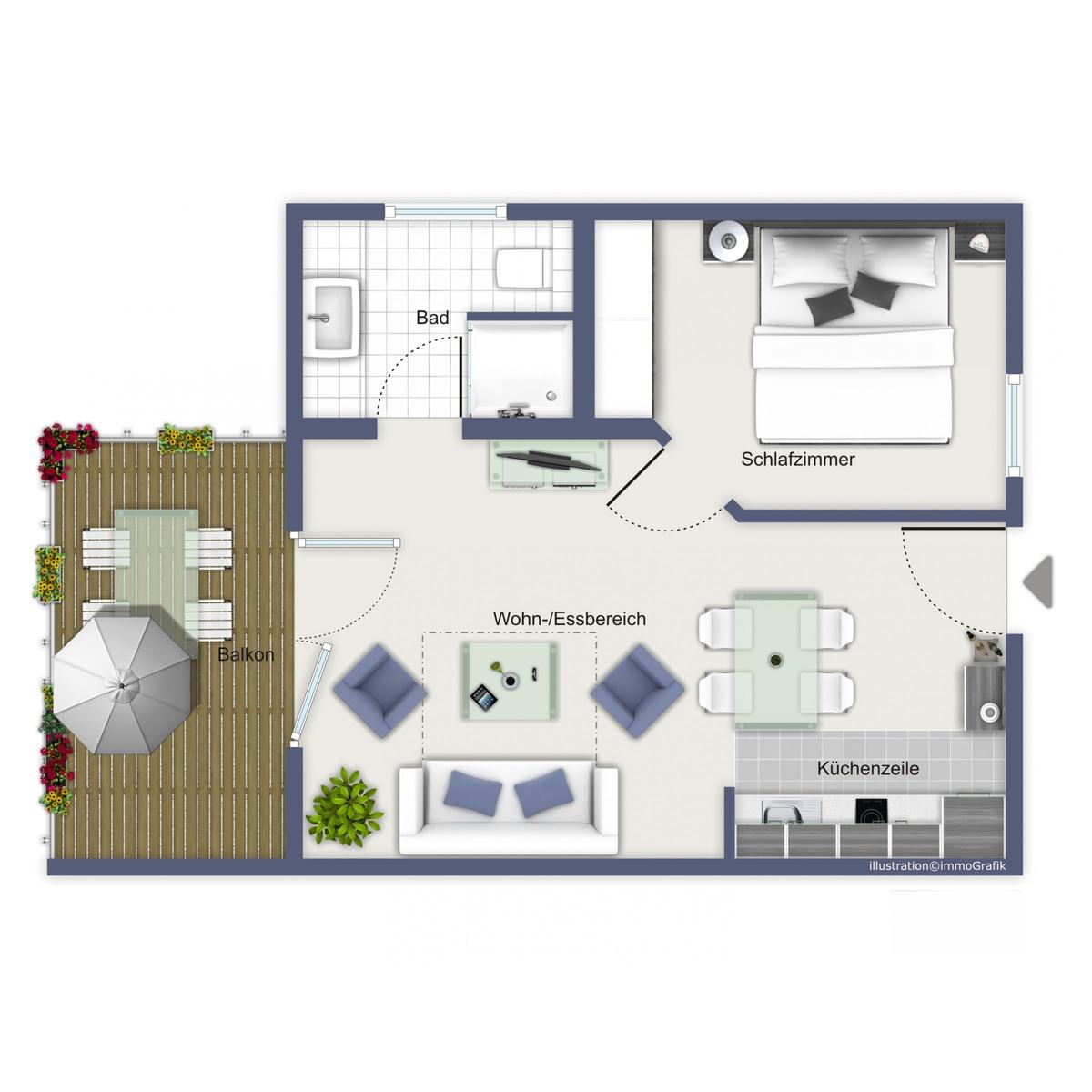 Wohnung mit Schlafzimmer, Bad, Küche und Balkon mit Tisch, Stühlen und Sonnenschirm.